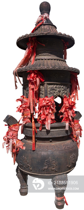 Isolated PNG cutout of a huge Chinese censer with red ribbons on a transparent background