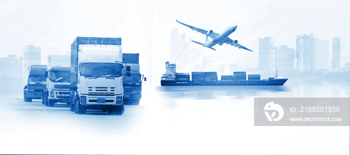 Abstract image of the logistics, there are container truck, ship in port and airplane