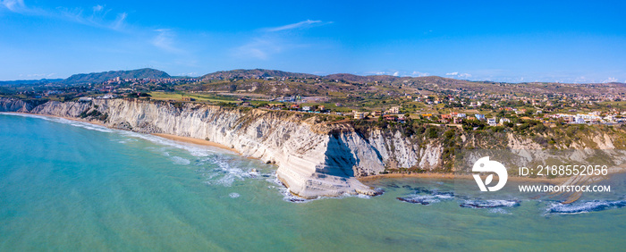 Aerial view of the rocky white cliffs  Stair of the Turks , Sicily, Italy