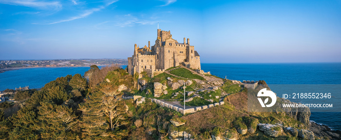 St Michael’s Mount from a drone, Marazion, Penzance, Cornwall, England