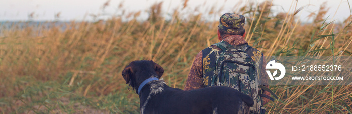 Silhouette of a hunter with a gun in the reeds against the sun, an ambush for ducks with dogs