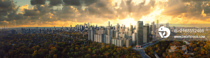 Downtown Toronto Panorama sunset with golden hour glow