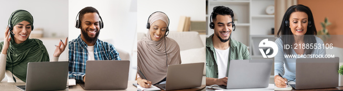 Multiracial people working from home, using computer and headset, collage