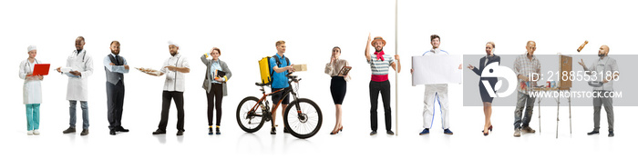 Group of people with different professions on white studio background, horizontal. Modern workers of diverse occupations, models like accountant, cook, deliveryman, teacher, doctor, painter, builder.