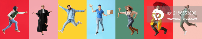 Group of jumping people on color background