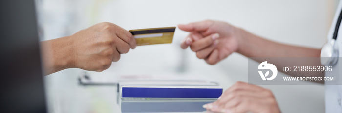 Customer at Checkout Cashier Counter to Buy Medicine with pharmacist at Pharmacy Drugstore