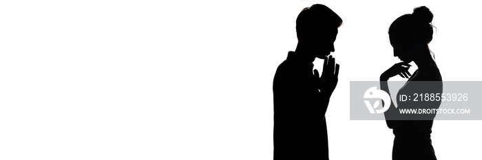 silhouette profile of pensive young man and woman opposite each other, upset boy and a girl , concept of love and relationships on a white isolated background