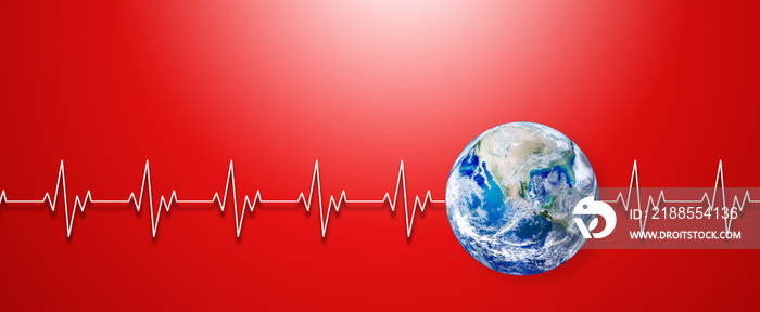 Ecology and Healthcare Concept : Blue planet earth with white pulse line in red background. (Elements of this image furnished by NASA.)