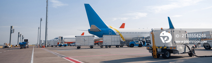 Refueling of the airplane before flight. Aircraft maintenance fuel at the airport outdoors. Plane, shipping, transportation concept