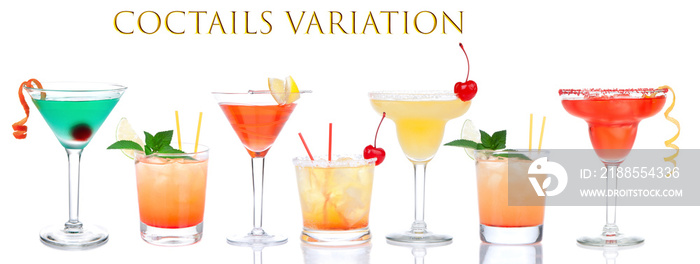 Cocktails composition variation row yellow red alcohol margarita martini cocktails composition with lemon and cherry in cocktail glasses