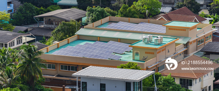 Aerial view of the solar cells on the roof