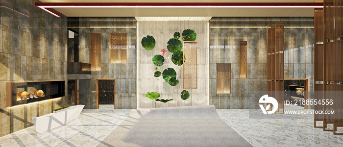 3d render luxury hotel entrance reception and lobby