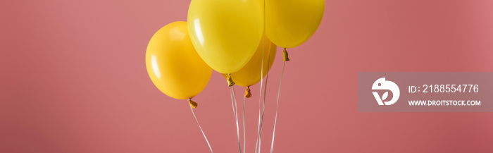 yellow festive balloons on pink background, party decoration, panoramic shot