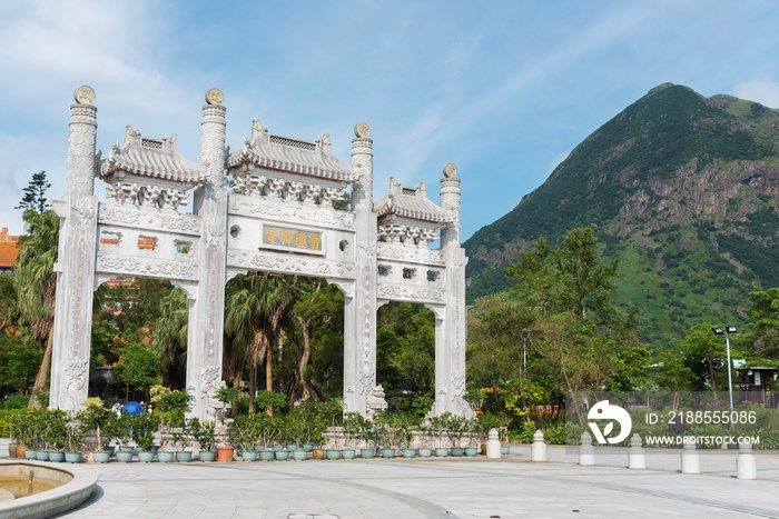 The Ngong Ping Piazza arch of Chinese temple Po Lin Monastery on Lantau Island, Hong Kong