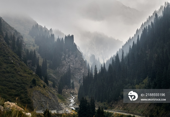 Foggy landscape of mountains