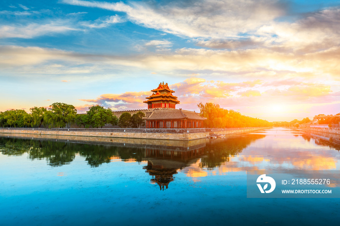 Watchtower of Forbidden City at sunset,Beijing,China