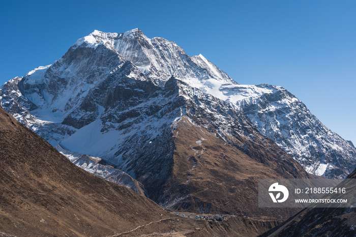 Samdo peak behind Samdo village in Manaslu circuit trek, Himalaya mountain range in Nepal