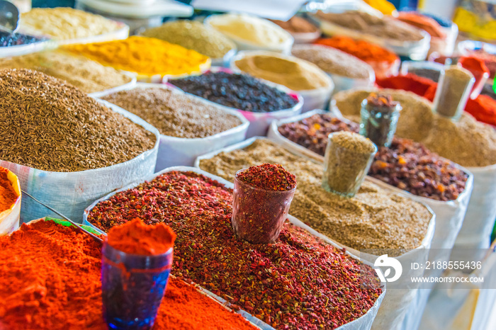 Spices and dried products sold at the Chorsu Bazaar in Tashkent