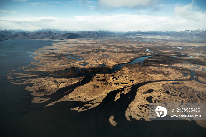 View of Magadan and Sea of Okhotsk in Russia’s Far East from the air.