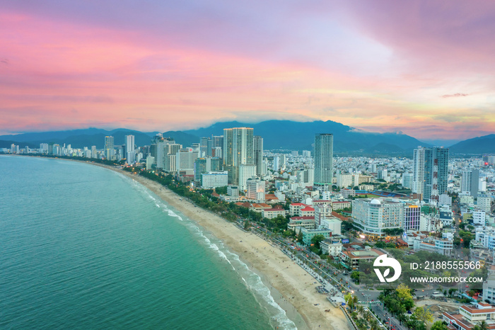 Aerial view Nha Trang city is so beautiful at the sunset