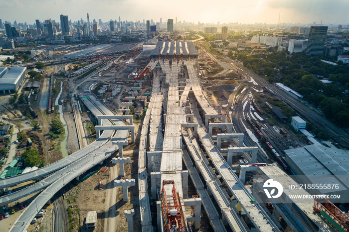 Aerial view of Bang Sue central station, the new railway hub transportation building under construction in Bangkok, Thailand.