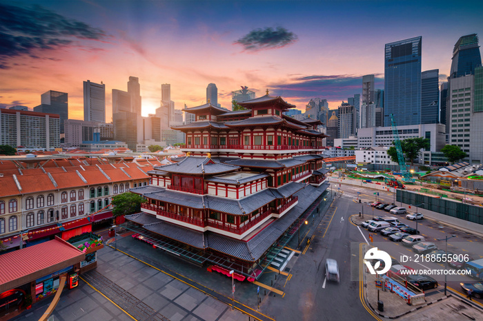 Buddha Tooth Relic Temple at sunrise in China town, Singapore.