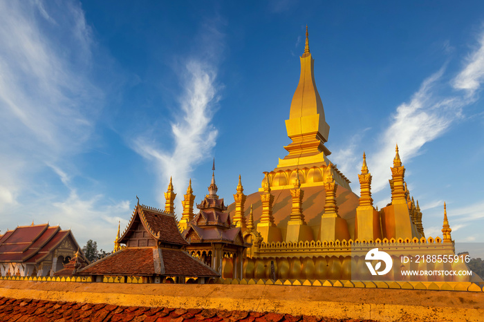 Pha That Luang is gold large Buddhist stupa and the most important national monument in Laos and national symbol, Vientiane, Laos.
