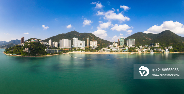 Aerial panorama of the Repusle bay beach in Hong Kong island on a sunny day. Repulse bay is a very popular escape from the big city