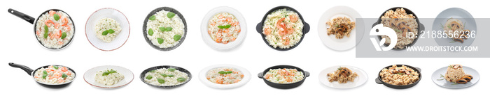 Collage with tasty risotto on white background