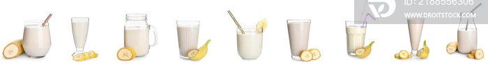 Collage of tasty banana smoothie on white background