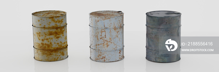 Oil barrel with rusty, leaking oil drum. Isolated on white background. 3D Rendering