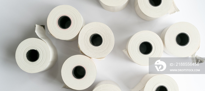 Rolls of white labels isolated. Labels for direct thermal or thermal transfer printing. Blank sticky label roll for thermal transfer printing pirce criss.