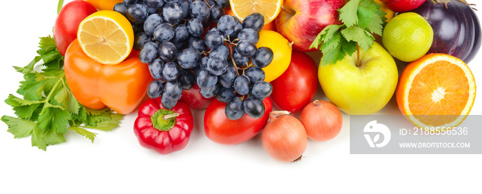 Fruits and vegetables isolated on white background. Wide photo.