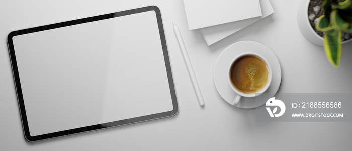 3D rendering, digital tablet with mock-up screen, coffee cup, notebooks and plant pot on white background