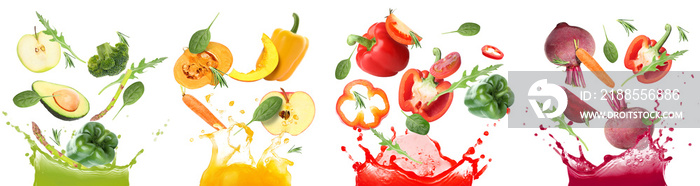 Splashes of different vegetable juices and flying ingredients on white background