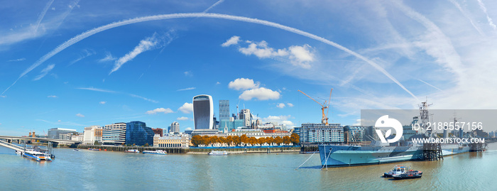 London, panoramic view over Thames river with London skyline on a bright day