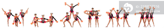 Collage of images of little girls, cheerleaders training isolated over white background