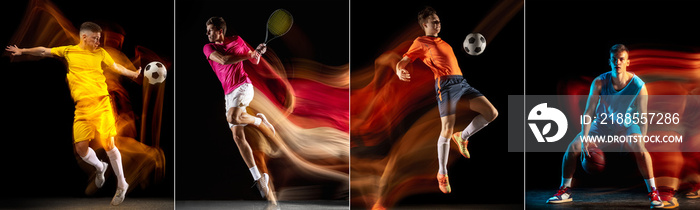 Development of motions of different kinds of sport games. Young men in action isolated over dark background in neon mix colored light.