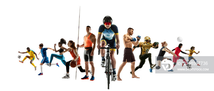 Sport collage of professional athletes or players isolated on white background, flyer. Made of different photos of 11 models. Concept of motion, action, power, target and achievements, healthy, active