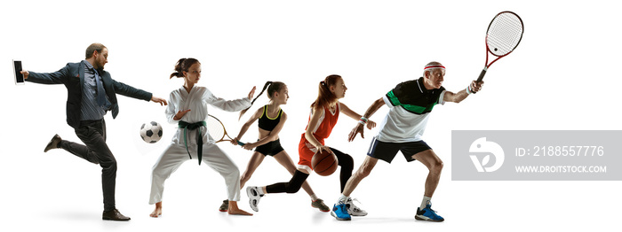 Young sportsmen running and jumping on white studio background. Concept of sport, movement, energy, dynamic, healthy lifestyle. Training, practicing in motion. Flyer. Tennis, basketball, martial arts.