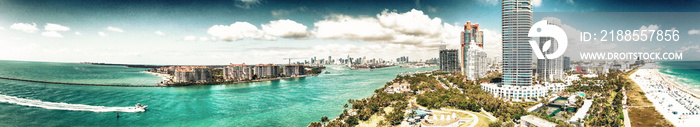 Aerial view of Miami skyline from South Pointe Park, Florida