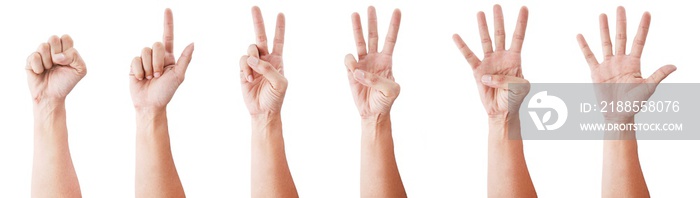 Male asian hand gestures isolated over the white background. SET 0-5