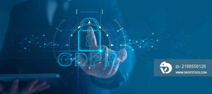 Data protection privacy concept. GDPR. EU. Cyber security network. Business man protecting data personal information on tablet. Padlock icon and internet technology networking connection.