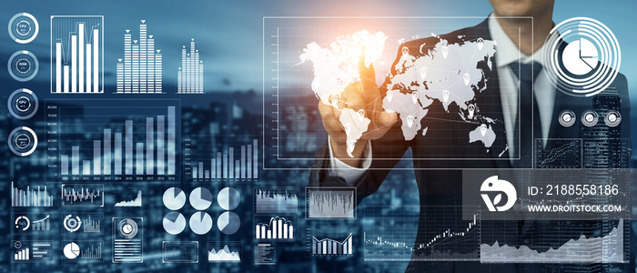 Global finance analysis and big data research concept . Futuristic screen showing large statistic information for business and marketing decision making .