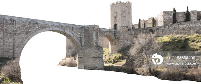 Isolated PNG cutout of a medieval bridge leading to a huge gate on a transparent background, ideal for photobashing, matte-painting, concept art