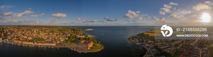 Panoramic view of of the harbor and castle in Sonderborg Jutland, Denmark, Europe. Panorama view of town of Sonderborg and its surroundings, Alsund inlet, the island of Als and mainland of Jutland.