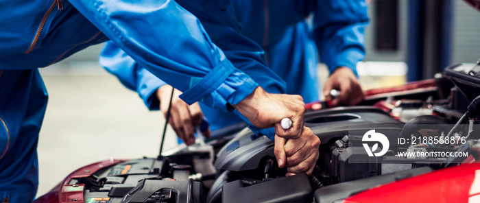 banner of automobile mechanic man and team checking car damage broken part condition, diagnostic and repairing vehicle at garage automotive, motor technician maintenance after service concept