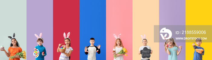 Set of children with bunny ears and Easter eggs on color background