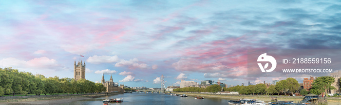 London skyline at sunset along river Thames