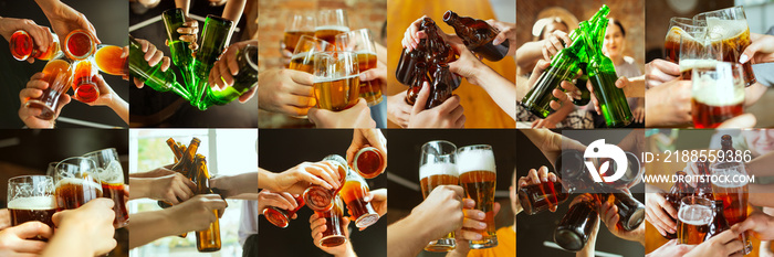 Collage of hands of young friends, colleagues during beer drinking, having fun, clinking bottles, glasses together. Flyer design. Oktoberfest, friendship, togetherness, happiness, holidays concept